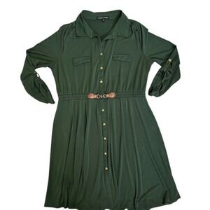Always Indigo Shirt Dress Olive Green‎ Button Front Belted Long Sleeve Size 1X